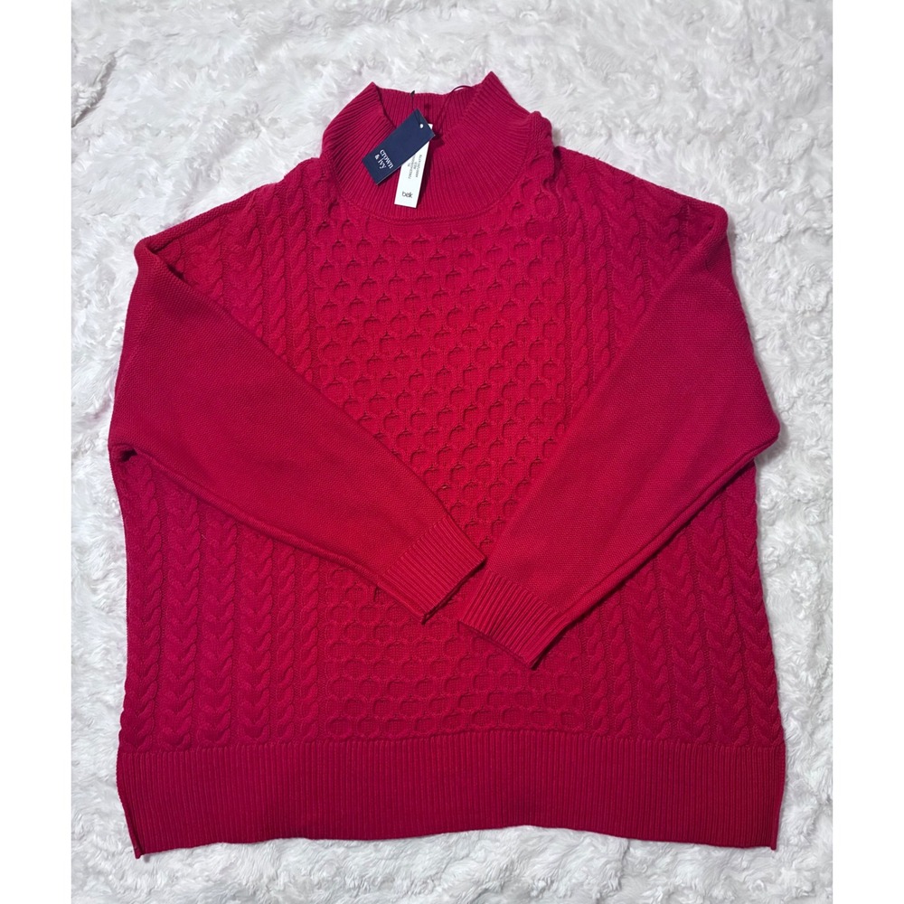 Crown & Ivy Womens XL Red Cable Knit Mock Neck Sweater Honeycomb Pullover NEW